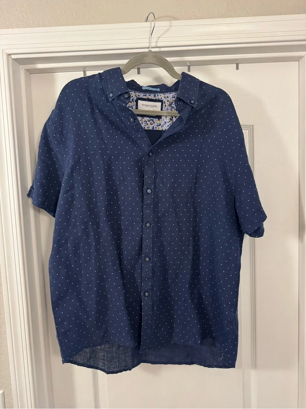 Denim & Flower 100% Linen Navy Short-Sleeve Dot Button-Down Shirt